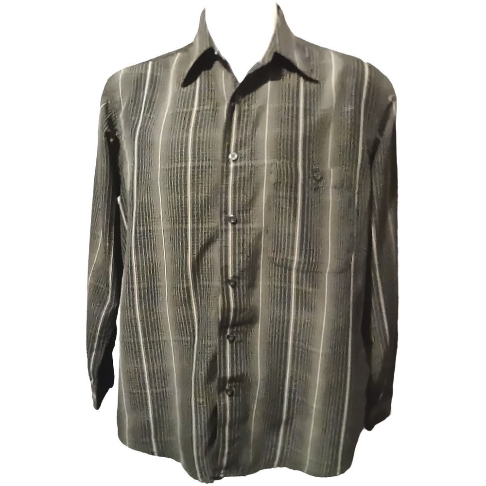 Haggar Shirt Men Large Button Down Luxury Microfiber Norm Core Grey Green Stripe